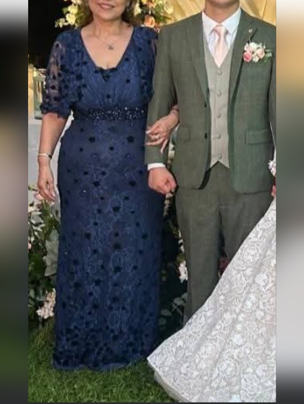 Navy Flutter Sleeve Mac DUGGAL Embellished Lace Gown Style 67712 Size 10